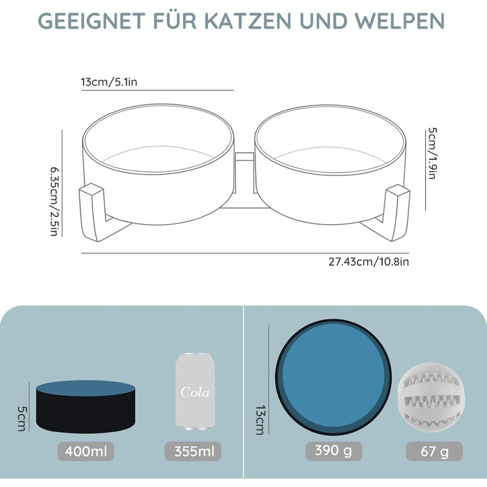 Набір мисок для собак та котів SPUNKYJUNKY з кераміки, 2 шт., 400 мл, блакитний, з підставкою з бамбука