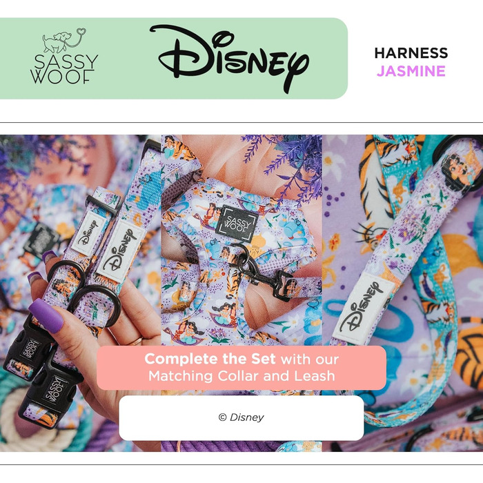 Регульована шлейка для собак Sassy Woof Disney Принцеса Жасмін, L, дихаюча сітка, не тягне, 2 D-кільця, для великих собак, офіційна ліцензія