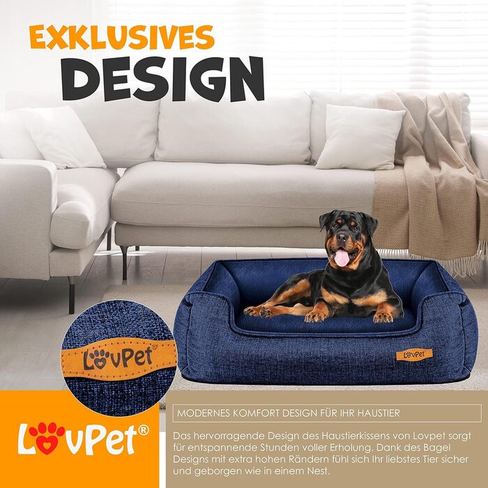 Лежак для собак Lovpet XL 110x75x27 см, комплект з мискою та 3 кісточками, знімний і праний чохол, для малих, середніх і великих порід, темно-синій