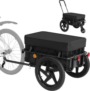 Велосипедний причіп 2-в-1 з ручкою для штовхання, міцний сталевий каркас, колеса 40 см, вантажопідйомність до 40 кг, чорний