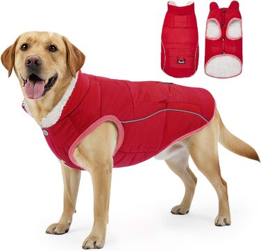 Зимовий одяг для собак Nasjac: тепла куртка зі снігозахистом, флісовою підкладкою, світловідбиваючими смугами та кишенями. Водовідштовхуюча жилетка для собак малих та середніх порід, червона, розмір L