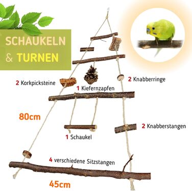 Ігровий майданчик для птахів Vogelgaleria® з натурального дерева | Гойдалка для хвилястих попугаїв | Іграшка для маленьких папуг | Іграшка для корелл | Підвісний ігровий майданчик для хвилястих попугаїв