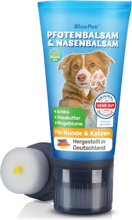 Балсам для лап собак та котів BluePet Schnelleinziehender, 50 мл. Зцілює та регенерує сухі, потріскані лапи та ніс. Містить арніку, календулу та ши. Ідеальний для догляду за лапами та носом.