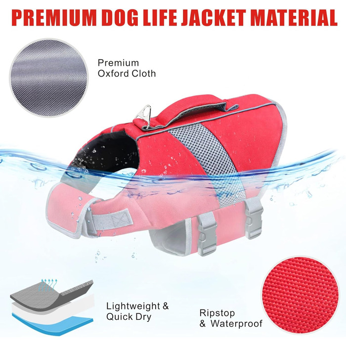 Рятувальний жилет для собак Oslueidy з високою плавучістю, світловідбиваючими елементами. Підходить для малих, середніх та великих собак. Ідеально для плавання, катання на човні, серфінгу та каякінгу. Червоний колір.
