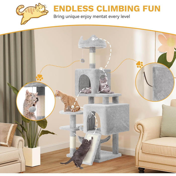 Кігтеточка YITAHOME XL, 137 см, з 2 сизалевими стовпцями, 1 платформою, 2 печерами, гамаком, іграшками-м'ячиками та кігтедробилкою. Ідеальний кімнатний комплекс для котів, сірий колір.