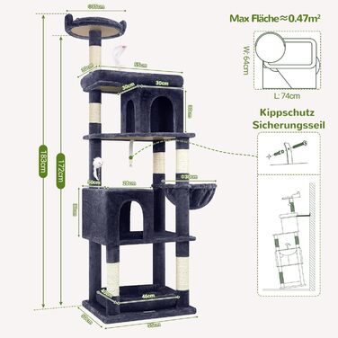 Драбина для котів Globlazer XXL, чорно-червона, 183 см, з будиночком, лежаком та платформами, для великих порід (Мейн-кун, BKH)