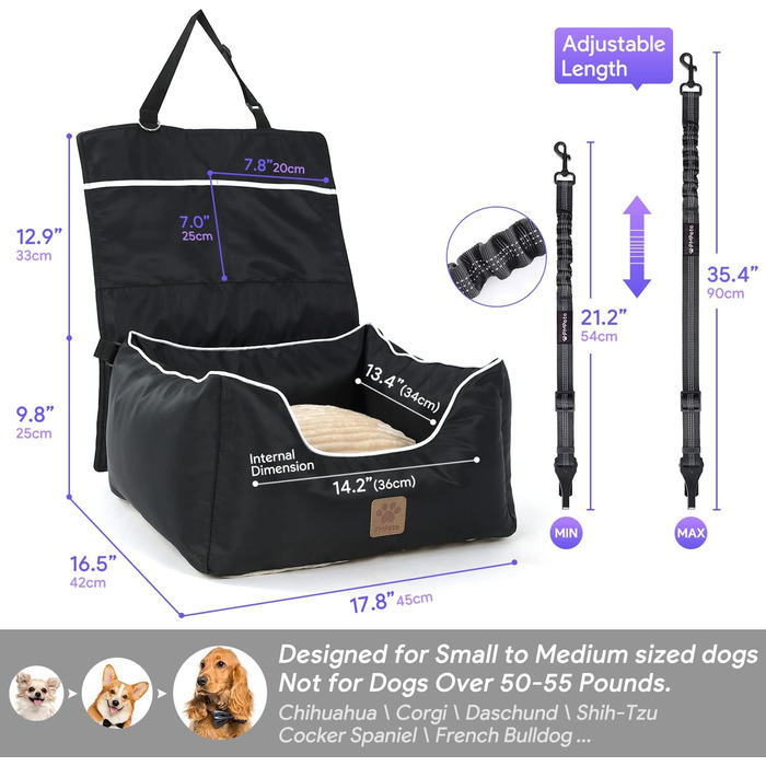 Автокрісло для собак Преміум, чорне: водонепроникне ліжко для маленьких та середніх собак, з підсумками та ременем безпеки