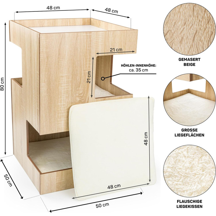 Преміум будиночок для кота з дерева, замок-вежа з лежаками, 50 x 50 x 80 см, темно-сірий (бежевий)