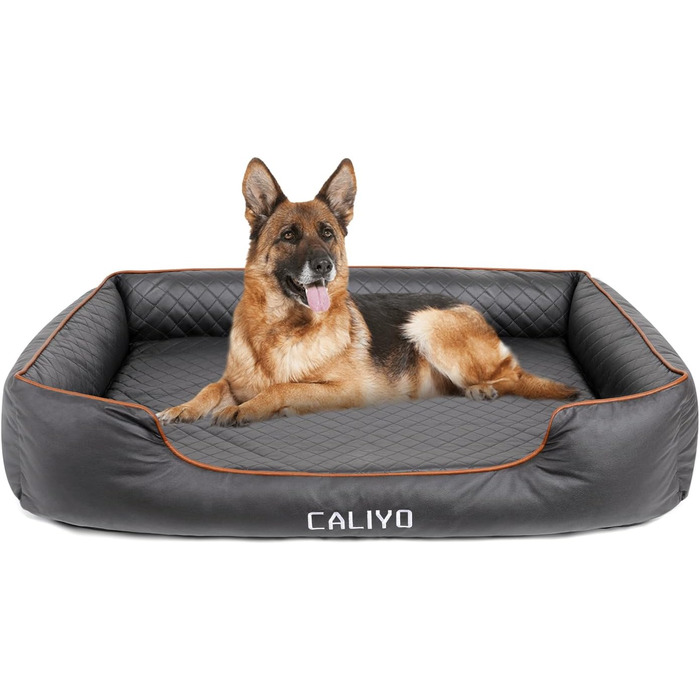Ортопедичне ліжко для собак Caliyo, великі породи - м'яке ліжко з екошкіри, вологостійке та пральне, з піною з пам'яті, диван для собак з 4 бортиками, 127x97x18 см, чорний