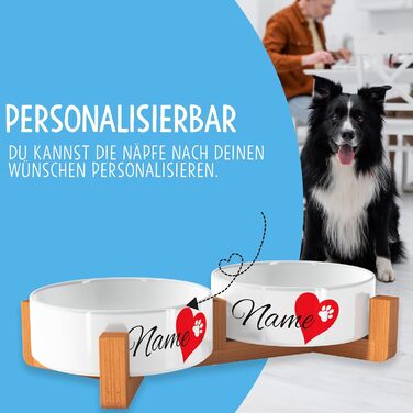 Персоналізований годівниця для собак OWLBOOK Herz з іменем, керамічний подвійний набір, бамбуковий каркас, 300 мл