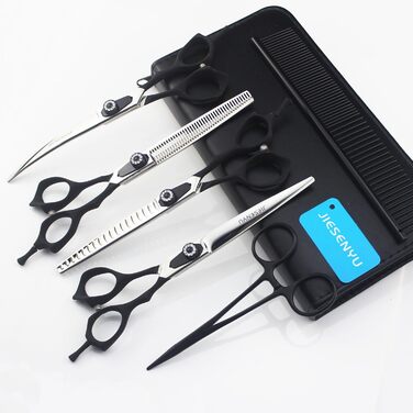 Набір професійних ножиць для грумінгу собак JIESENYU 7.0 дюймів (4 шт.) - прямі та тонкі леза, чорний колір