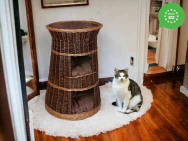 Корзина для котів для сну – котяча хатинка для дому – розмір 43 x 49 x 70 см, кругла – котяча печера з лози, трирівневе ліжко для собак або котів з пральними подушками в бежевому кольорі – лакована корзина (коричневі подушки)