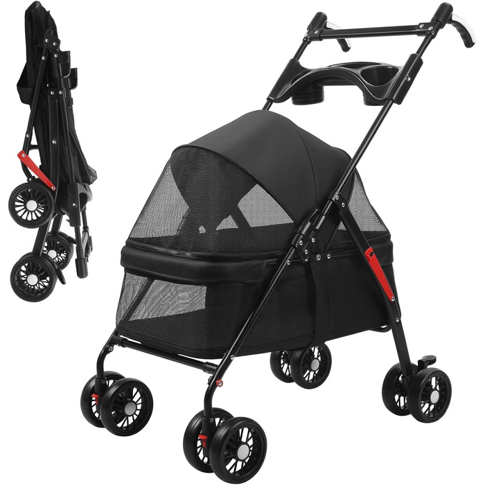 Транспортувальна візок для собак, легкий та складаний, з регульованим козирком, анти-вислизання, гальма та багажник (до 10 кг), чорний