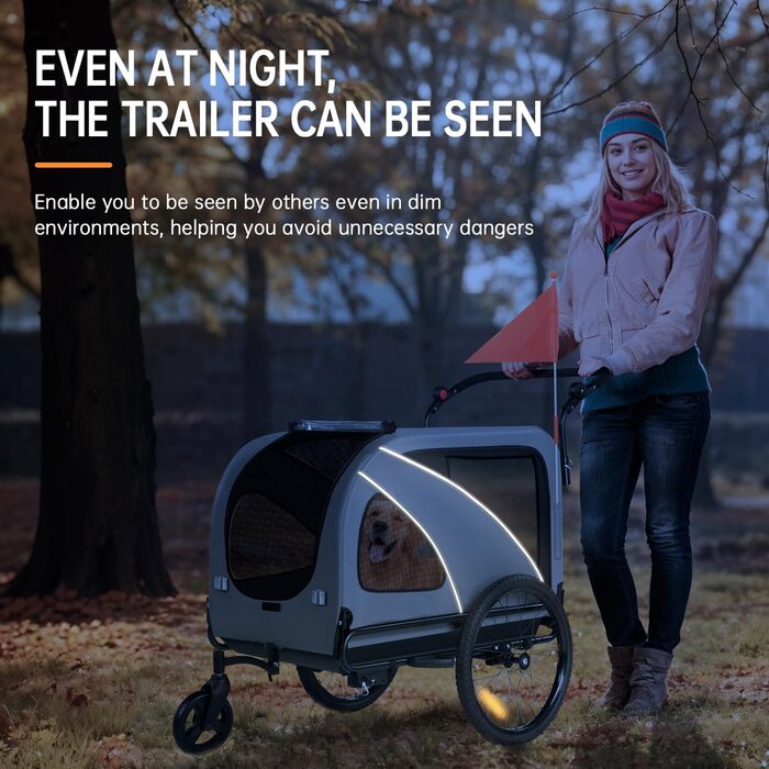 2-в-1 Причіп для собак XXL, Фарбований причіп для собак з дахом, Відбивачі та світловідбиваючі смуги, Універсальний з'єднувальний елемент для велосипеда, Регульована ручка-штовхач, Сірий