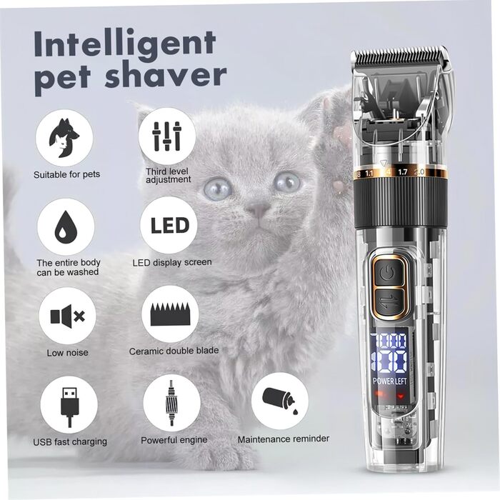 Машинка для стрижки тварин TOYANDONA: акумуляторна, тиха, з LED-підсвічуванням, комплект для грумінгу котів та собак