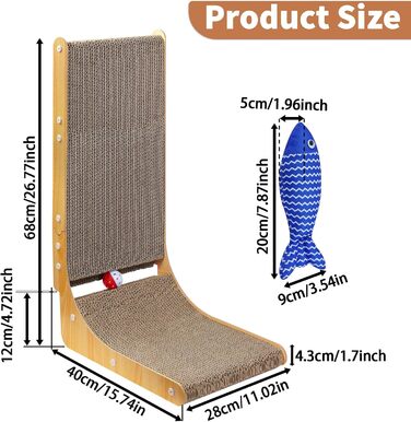 Котяча дряпка L-подібної форми, 68 см, з дзвіночком, рибкою та мишкою, з якісного картону, для стін, задовольняє природну потребу в дряпанні, XXL