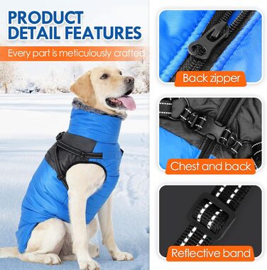 Зимовий одяг для собак, непромоканий та вітронепроникний, теплий з високим коміром, інтегрованим дзвоником, світловідбиваючими елементами та блискавкою – ідеальний для холодної погоди та снігу (Blue, XXL)