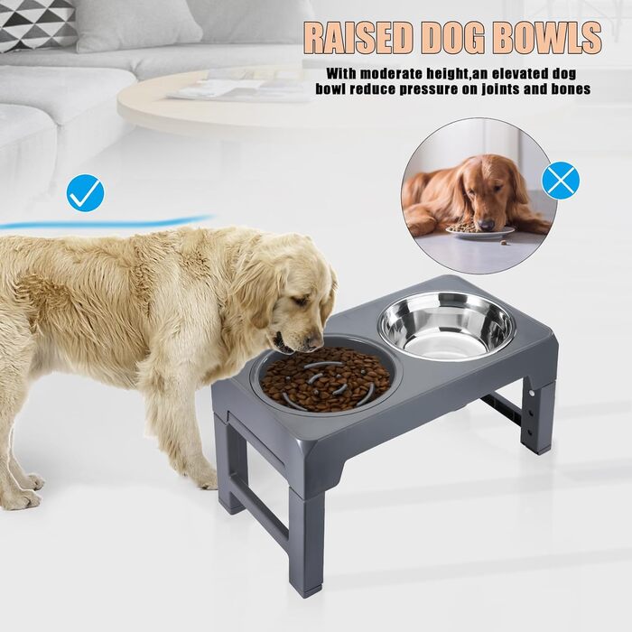 Підвищений годівниця для собак, регульована висота, підставка, 4 рівні, повільне годування, миска для собак з нержавіючої сталі для малих, середніх та великих собак (сіра)