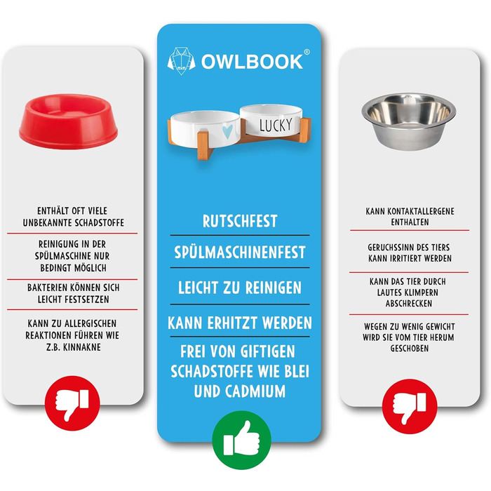 OWLBOOK Миска для собак з гравіюванням імені, подвійна миска для корму та води, кераміка, бамбук, 300 мл (синя зіркочка)