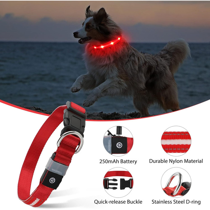 Світлодіодне нашийник для собак Masbrill, світловідбиваючий, водонепроникний, регульований, з 3 світлодіодами, для малих, середніх та великих собак, червоний, L
