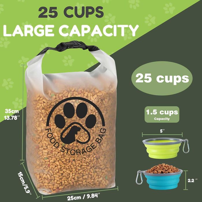 Контейнер для корму для тварин на 25 порцій з 2 складеними мисками для подорожей – прозорий, з водонепроникним закриттям, зберігає сухий корм свіжим для кемпінгу