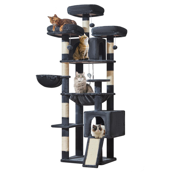 Котячий будиночок Taoqimiao 193 см XXL: великий, стабільний, з 2 будиночками, 7 стовпчиками для дряпання, гамаком та кошиком (MS047G, сірий)