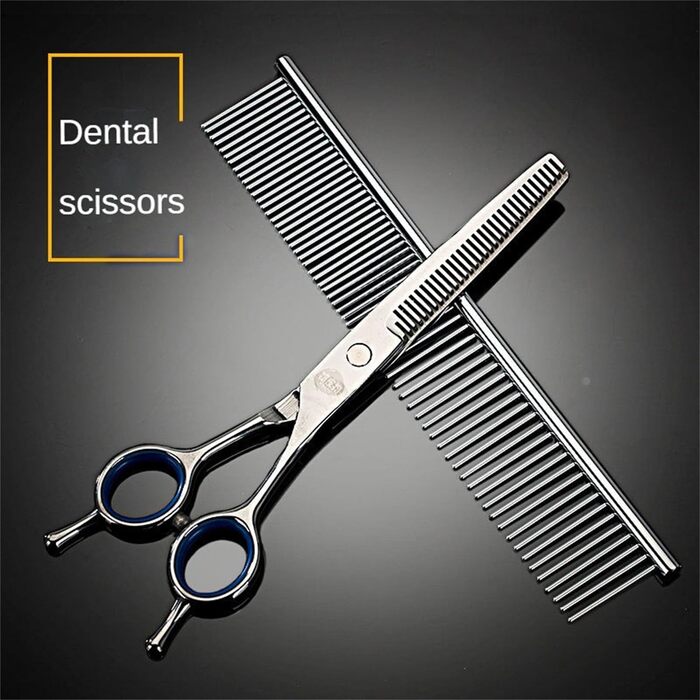 Набір професійних ножиць для собак, 4 в 1: ножиці для фінальної обробки, прямі ножиці, вигнуті ножиці, гребінець. Виготовлено з нержавіючої сталі. Підходить для собак, котів та інших домашніх тварин.