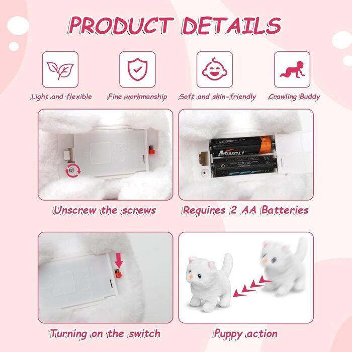 Інтерактивна іграшка-кіт для дітей: реалістичний плюшевий кіт, що ходить та муркоче, білий колір. Ідеальний подарунок для дівчаток 3-7 років