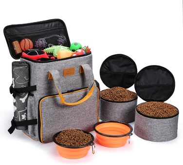 Сумка для собак Ownpets: дорожня сумка для аксесуарів, 2 контейнери для корму, 2 складні миски та знімний ремінь для перенесення. Ідеально для подорожей, кемпінгу та авіаперельотів (сіра)