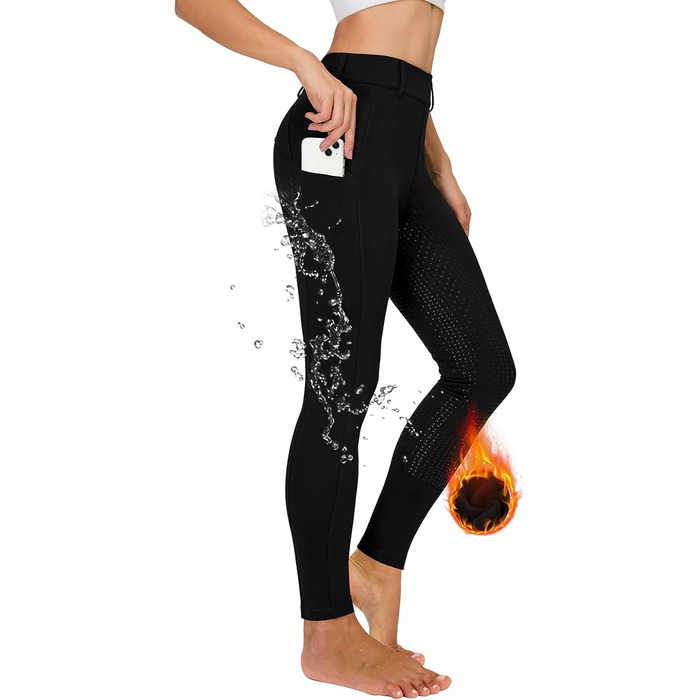 Чорні легінси для верхової їзди жіночі зимові, повний облягання, термо, з флісовою підкладкою, водонепроникні, з кишенею для телефону, з петлями для ременя, розмір S