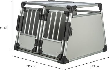 Трійзі Двомісна переносна клітка для собак з алюмінію, 93 x 64 x 83 см, з висувною перегородкою, безпечним замком, неслизьким килимком - 39345 срібна, L 93 x B 83 x H 64 см