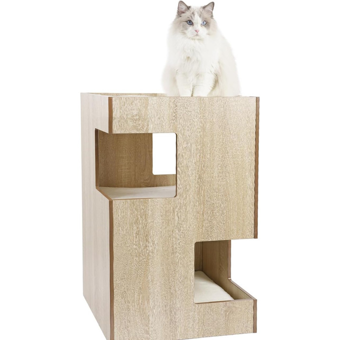 Преміум будиночок для кота з дерева, замок-вежа з лежаками, 50 x 50 x 80 см, темно-сірий (бежевий)