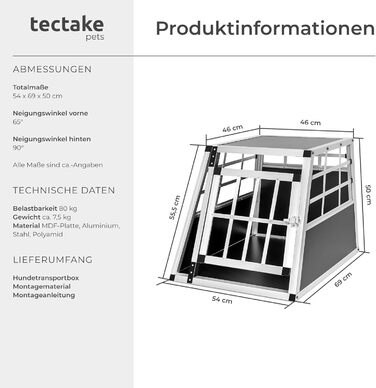 Транспортна переноска для собак tectake®: алюмінієва переноска для авто та дому, 54 x 69 x 50 см