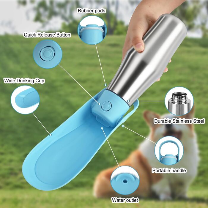 Водяна пляшка для собак на прогулянці - витокозахисна, з нержавіючої сталі, подвійні стінки, вакуумна ізоляція, 750 мл (Блакитна)