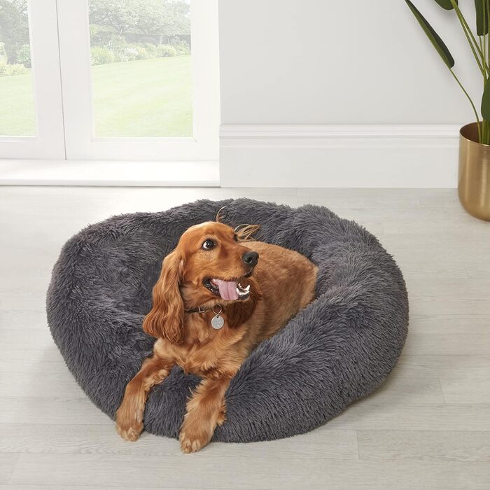 Кругле плюшеве ліжко Sleepdown для собак та котів, заспокійливе, суперм'яке, Donut-ліжко, антиковзаюча підставка, можна прати в машині, розмір M, 60 x 60 x 20 см, антрацит