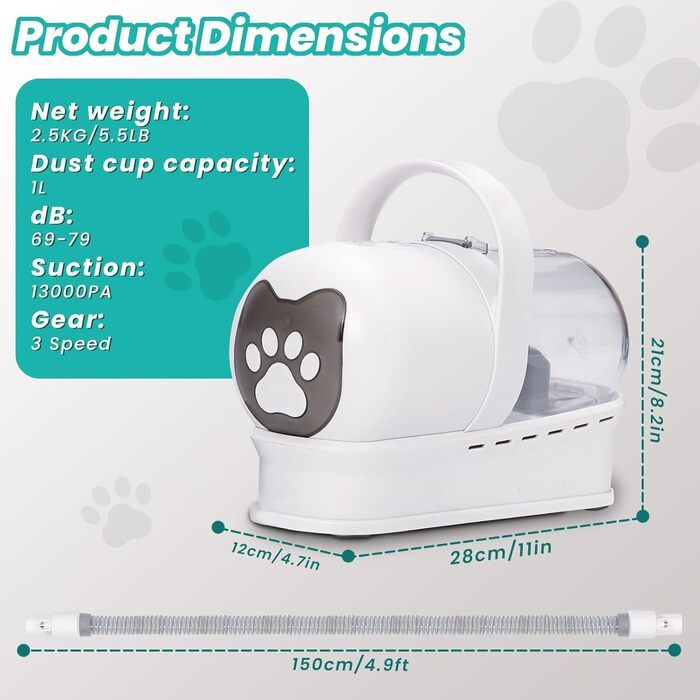 Набір для догляду за собаками з вакуумом та машинкою для стрижки - 13000Pa, 7-в-1 професійний набір для видалення шерсті, тихий, 1л контейнер для сміття, включає шліфувальник для нігтів (для котів/собак)