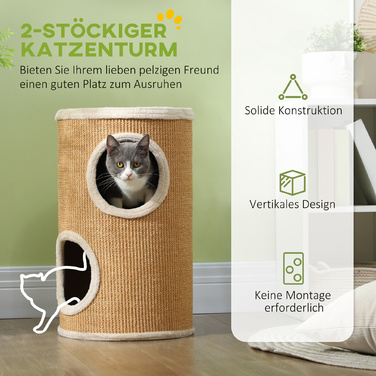 PawHut Scratching Barrel, висота 60 см Cat Barrel з 2 отворами, Cat Tree, Cat Tower з Сизалю, для котів до 5 кг, Коричневий | Аосом