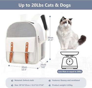 Рюкзак для собак та котів PETCUTE до 8 кг з безпечною лінійкою, вентиляцією та знімним килимком (білий)