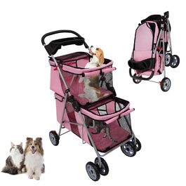 Двоярусний візок для домашніх тварин для маленьких та середніх собак та котів - Легкий транспортний візок-бугі для собак з 2 рівнями для прогулянок, подорожей та активного відпочинку на природі, до 20 кг (Рожевий)