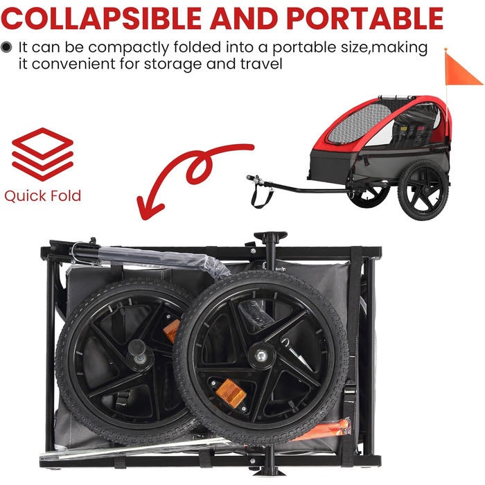 Дитячий велопричіп Sepnine для 1-2 дітей, від 12 місяців, швидко кріпиться, складаний, з 5-точковим ременем та кишеньками для зберігання. BT609-Червоний