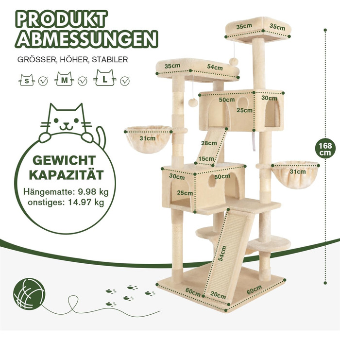 Декілька рівнів, гамак та кошики: кігтеточка MUTICOR для великих котів, 168 см, бежева