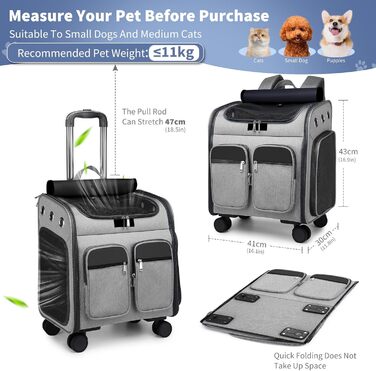 Рюкзак-переноска для кота та собаки PETCUTE з візком 2 в 1 до 11 кг, сірий. Знімний килимок, дихаюча переноска для подорожей з тваринами