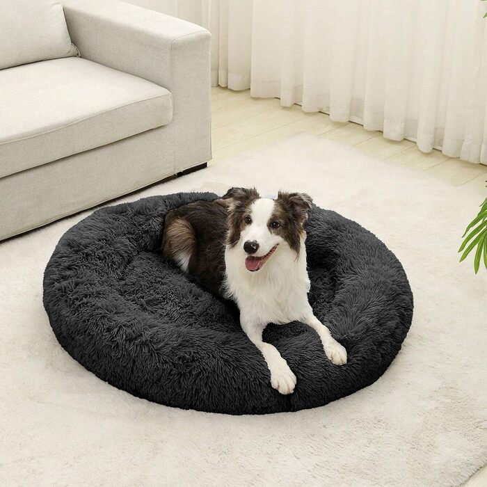 Кругле ліжко для собак та котів 60 см - М'яке, пухнасте ліжко з піднятими бортиками - Нековзний низ - Силіконова наповнювач для комфорту та тепла - Легке у догляді - (графіт)