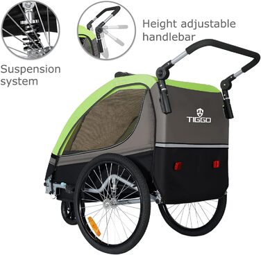 Дитячий причіп Tiggo S2 2-в-1 з підвіскою та поворотним з'єднанням 360° (зелений)