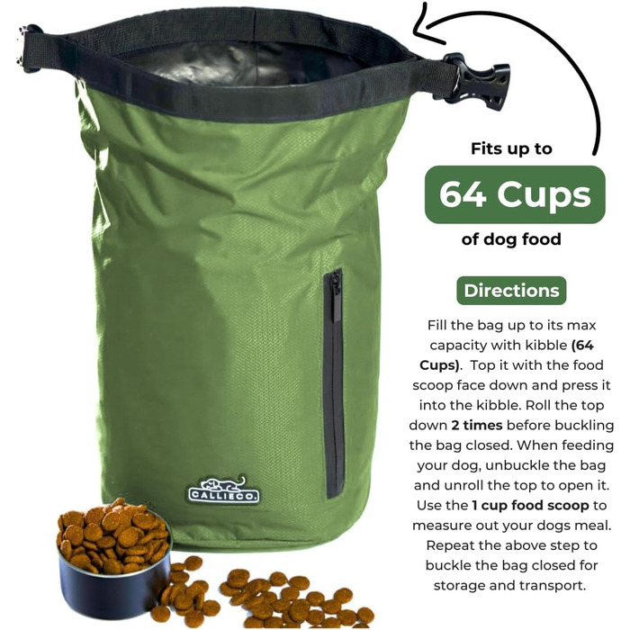 Сумка для корму для собак Callieco з лопаткою та кишенькою на блискавці, водонепроникний контейнер для дому, подорожей на авто, кемпінгу, перевезень літаком та іншого (Зелений, 32 чашки)