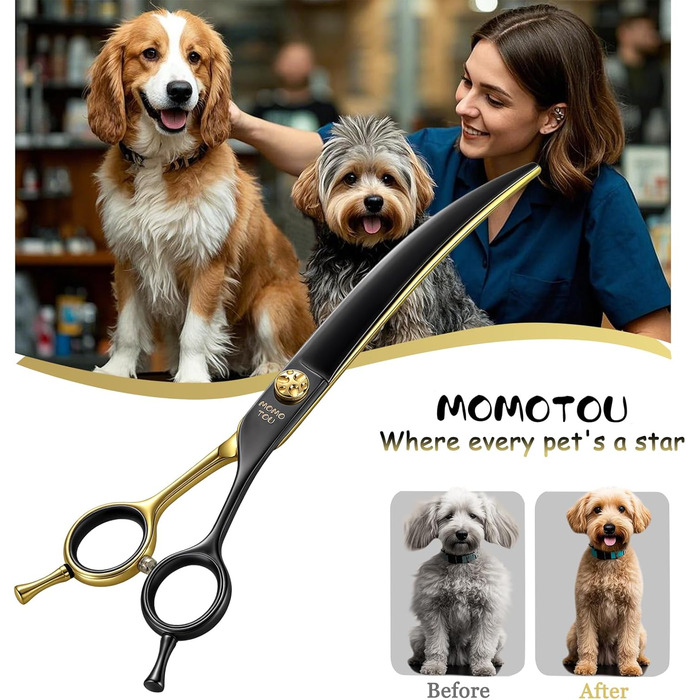 Професійна вигнута ножиця для грумінгу собак, з декоративним гвинтом, гостра та довговічна, японська сталь 440C, безпечна закруглена кінчик, 19,1 см, чорний та золотий колір