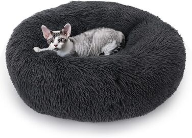 ALLSOPETS Заспокійливе ліжко для собак маленьких та середніх порід, миється, кругла плюшева лежанка для котів та собак з неслизьким дном (Темно-сірий, 60см)