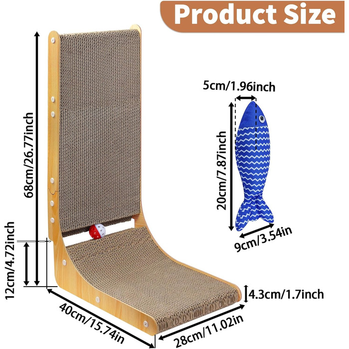 Котяча дряпка L-подібної форми, 68 см, з дзвіночком, рибкою та мишкою, з якісного картону, для стін, задовольняє природну потребу в дряпанні, XXL