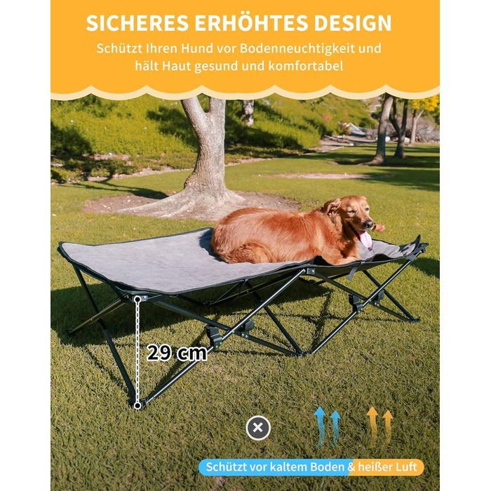 Ліжко для собак KingCamp підвищене, вуличне, чорне 57x57x23 см (L 132x68x29 см) - дихаюча сітка та фліс