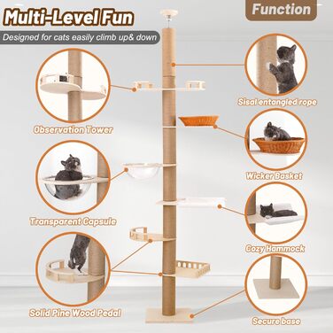 Котячий комплекс Роміромі з 7 ярусами, 250-260 см, регульована висота, котячий будиночок, гамак, 6 платформ, прозора капсула